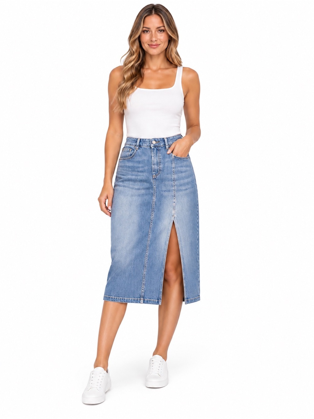 HALARA Light Blue Denim Midi Skirt with Front Slit